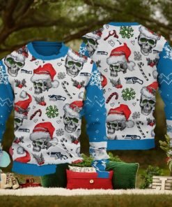 Seattle Seahawks Logo Skull Candy Cane Blue Ugly Xmas 3D Sweater