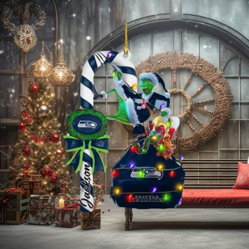 Seattle Seahawks NFL Custom Name Grinch Candy Cane 2 Sides Christmas Tree Decorations Ornament