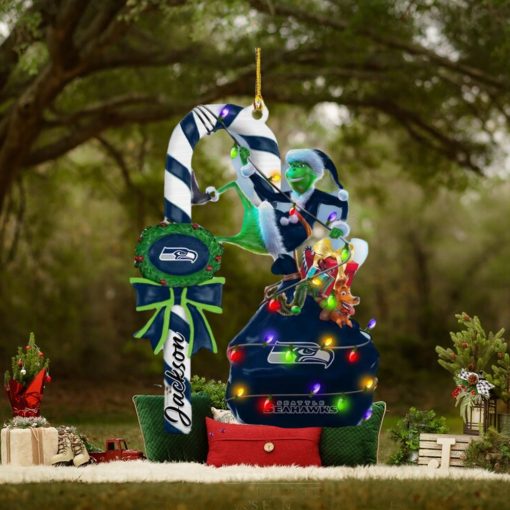 Seattle Seahawks NFL Custom Name Grinch Candy Cane 2 Sides Christmas Tree Decorations Ornament