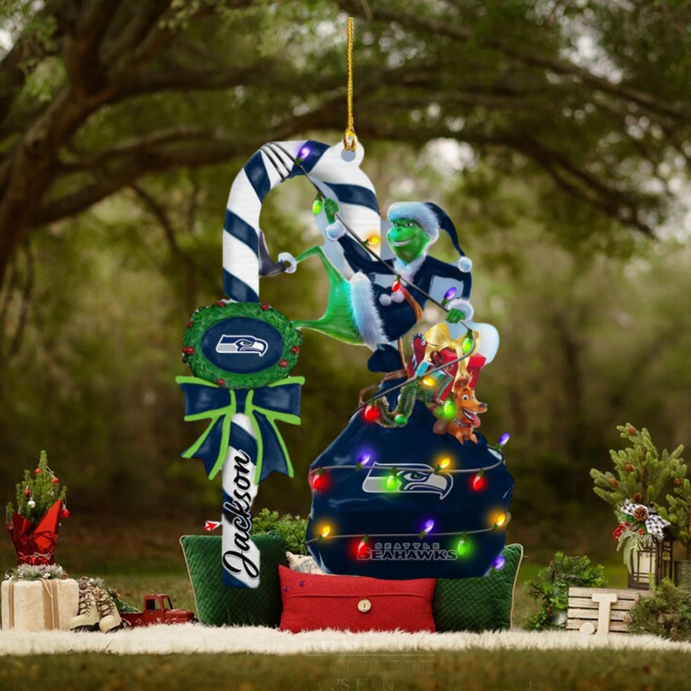 Seattle Seahawks NFL Custom Name Grinch Candy Cane Ornament 2 Side Seattle Seahawks NFL Custom Name Grinch Candy Cane Ornament 2 Side