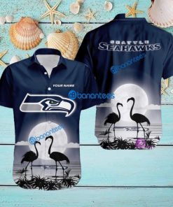 Seattle Seahawks NFL Team With Flamingo Moon Pattern Button Down Hawaiian Shirt For Big Fans Custom Name