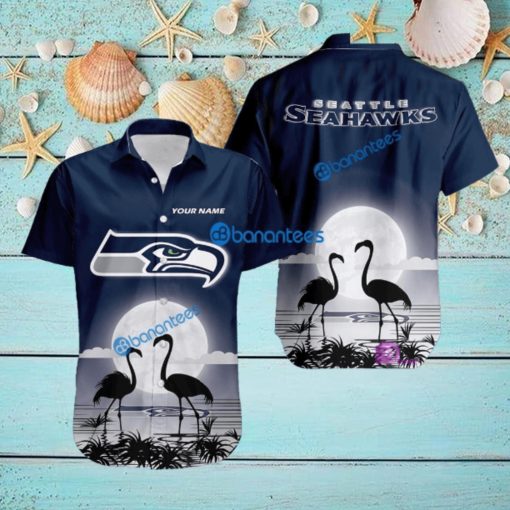 Seattle Seahawks NFL Team With Flamingo Moon Pattern Button Down Hawaiian Shirt For Big Fans Custom Name