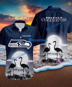 Seattle Seahawks NFL Team With Flamingo Moon Pattern Button Down Hawaiian Shirt For Big Fans Custom Name