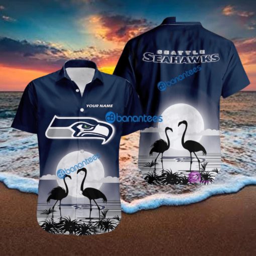 Seattle Seahawks NFL Team With Flamingo Moon Pattern Button Down Hawaiian Shirt For Big Fans Custom Name