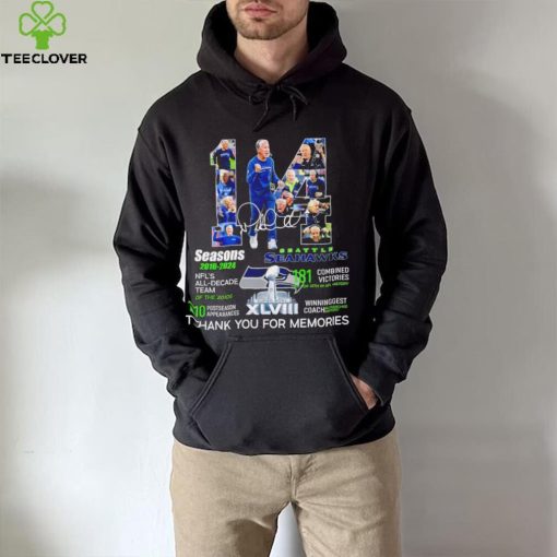 Seattle Seahawks football Pete Carroll 14 seasons 2010 2024 signature thank you for memories pose hoodie, sweater, longsleeve, shirt v-neck, t-shirt