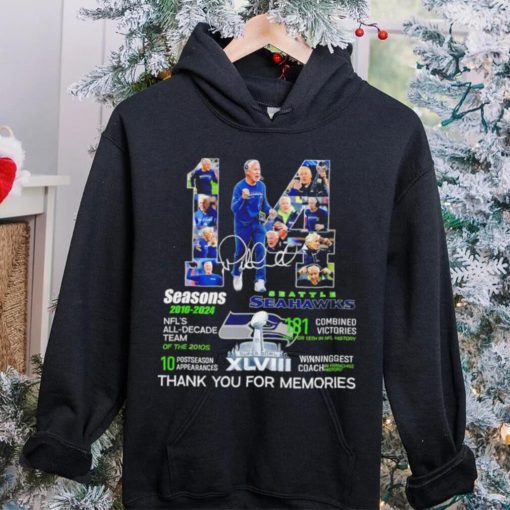 Seattle Seahawks football Pete Carroll 14 seasons 2010 2024 signature thank you for memories pose hoodie, sweater, longsleeve, shirt v-neck, t-shirt