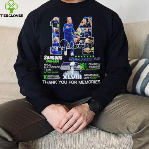 Seattle Seahawks football Pete Carroll 14 seasons 2010 2024 signature thank you for memories pose hoodie, sweater, longsleeve, shirt v-neck, t-shirt