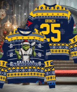 Seattle Seahawks x Grinch Christmas Dr. Seuss How the Grinch Stole Christmas with Super Bowl Trophy Custom Ugly Christmas Sweater