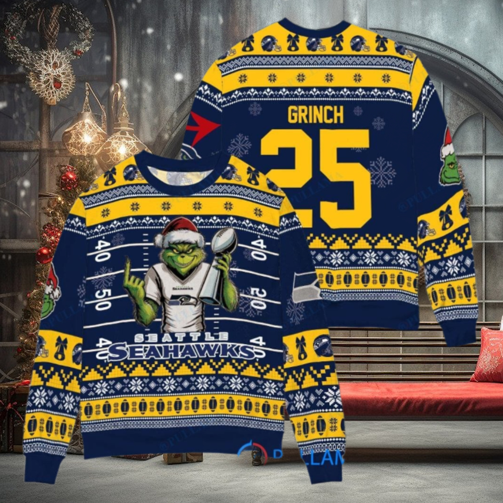 Seattle Seahawks x Grinch Christmas Dr. Seuss How the Grinch Stole Christmas with Super Bowl Trophy Custom Ugly Christmas Sweater Seattle Seahawks x Grinch Christmas Dr. Seuss How the Grinch Stole Christmas with Super Bowl Trophy Custom Ugly Christmas Sweater