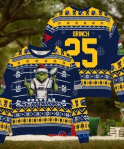 Seattle Seahawks x Grinch Christmas Dr. Seuss How the Grinch Stole Christmas with Super Bowl Trophy Custom Ugly Christmas Sweater