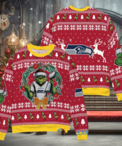 Seattle Seahawks x Grinch NFL Dr. Seuss How the Grinch Stole Christmas with Super Bowl Trophy Ugly Christmas Sweater Red