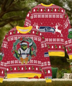 Seattle Seahawks x Grinch NFL Dr. Seuss How the Grinch Stole Christmas with Super Bowl Trophy Ugly Christmas Sweater Red