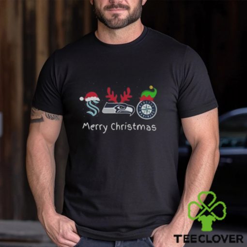 Seattle Teams Sport Logo Seattle Kraken Seattle Seahawks And Seattle Mariners Merry Christmas 2023 T Shirt