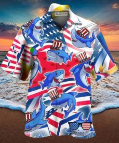 Shark Funny USA Flag Independence Day Hawaiian Shirt
