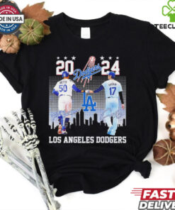 Shohei Ohtani Mookie Betts Los Angeles Dodgers 2024 skyline signature shirt 1 Shohei Ohtani Mookie Betts Los Angeles Dodgers 2024 skyline signature shirt
