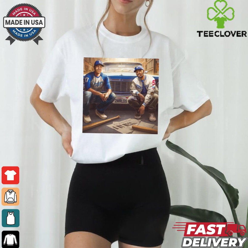 Shohei Ohtani and Mookie Betts Dodgers Are 1 Win Away From Becoming World Series Champs Poster t shirt Shohei Ohtani and Mookie Betts Dodgers Are 1 Win Away From Becoming World Series Champs Poster t shirt