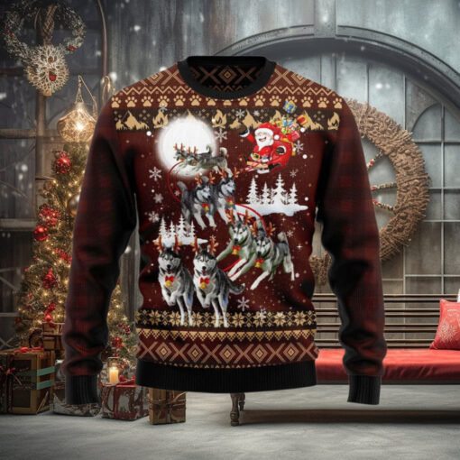 Siberian Husky And Reindeers Car Ugly Christmas Sweater