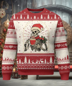 Skeleton Christmas Ugly Christmas Sweater Dead Inside But Caffeinated Coffee Addict Xmas Vibe
