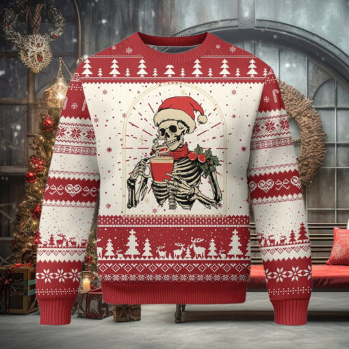 Skeleton Christmas Ugly Christmas Sweater Dead Inside But Caffeinated Coffee Addict Xmas Vibe
