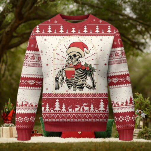 Skeleton Christmas Ugly Christmas Sweater Dead Inside But Caffeinated Coffee Addict Xmas Vibe