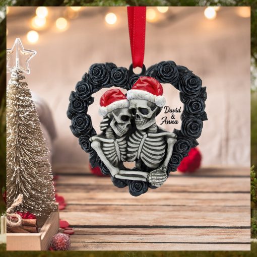 Skeleton Couple   Personalized Ornament, Black Rose Heart Shape, Christmas Tree Decor