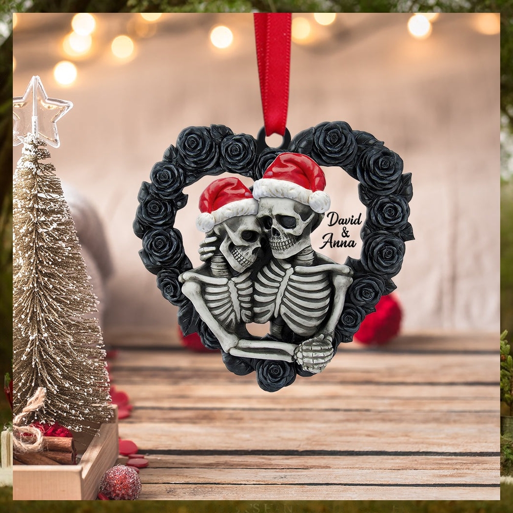 Skeleton Couple Personalized Ornament, Black Rose Heart Shape, Christmas Tree Decor Skeleton Couple Personalized Ornament, Black Rose Heart Shape, Christmas Tree Decor
