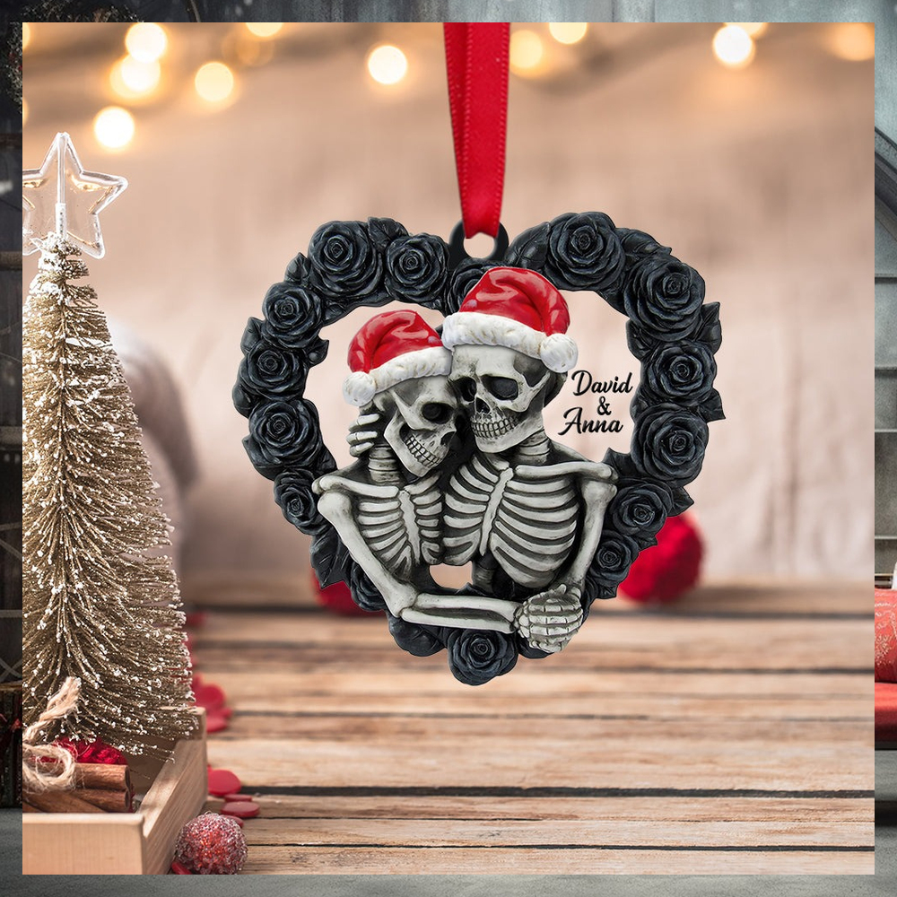 Skeleton Couple Personalized Ornament, Black Rose Heart Shape, Christmas Tree Decor Skeleton Couple Personalized Ornament, Black Rose Heart Shape, Christmas Tree Decor