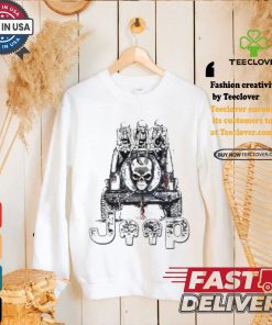 Skeletons sit on Jeep American flag Halloween shirt