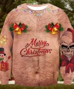 Skull Bell Hairy Chest Merry Christmas Ugly Sweater