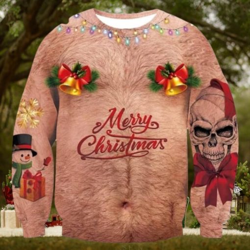 Skull Bell Hairy Chest Merry Christmas Ugly Sweater