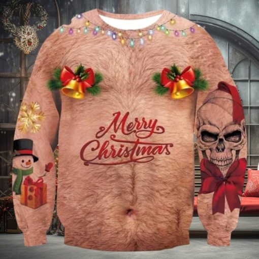 Skull Bell Hairy Chest Merry Christmas Ugly Sweater