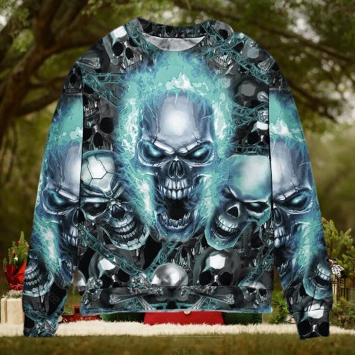 Skull Blue Flame Screaming Ugly Christmas Sweater