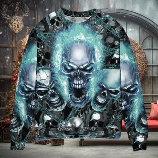 Skull Blue Flame Screaming Ugly Christmas Sweater