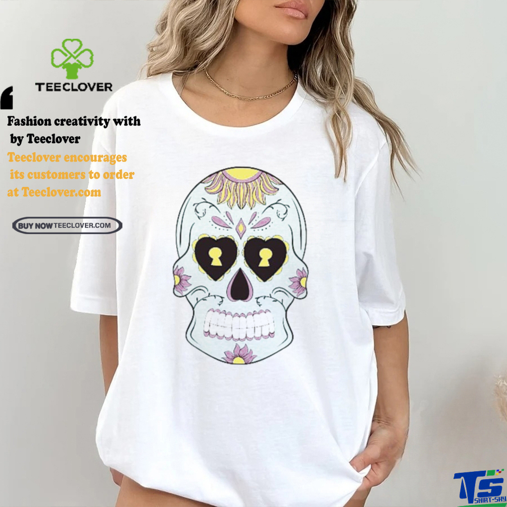 Sky Blue Sugar Skull with Purple Yellow flower T Shirt Sky Blue Sugar Skull with Purple Yellow flower T Shirt