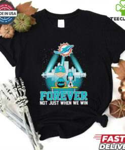 Skyline Snoopy and Charlie Brown Forever Not Just When We Win Miami Dolphins Shirt featuring a fun and heartfelt design, celebrating loyalty and team pride beyond just victories. Perfect for fans who show their love for the Miami Dolphins in every season.