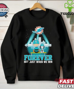 Skyline Snoopy and Charlie Brown Forever Not Just When We Win Miami Dolphins Shirt featuring a fun and heartfelt design, celebrating loyalty and team pride beyond just victories. Perfect for fans who show their love for the Miami Dolphins in every season.