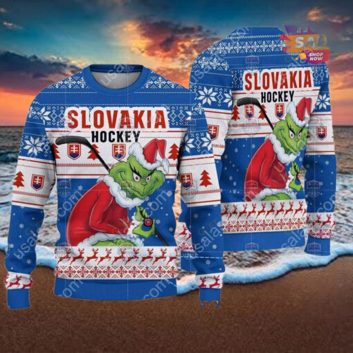 Slovakia Ice Hockey Team Grinch Hockey Stick Ugly Christmas Sweater