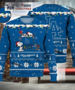 Snoopy And LA Dodgers Ugly Christmas Sweater With Holiday Lights