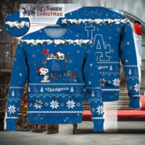 Snoopy And LA Dodgers Ugly Christmas Sweater With Holiday Lights