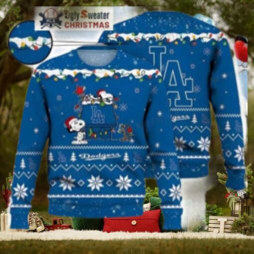 Snoopy And LA Dodgers Ugly Christmas Sweater With Holiday Lights