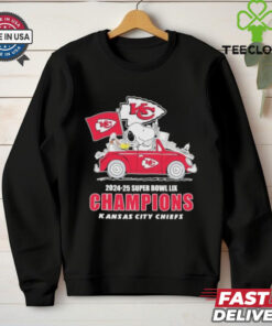 Snoopy And Woodstock Driving Car Kansas City Chiefs 2024 2025 Super Bowl LIX Champions T shirts