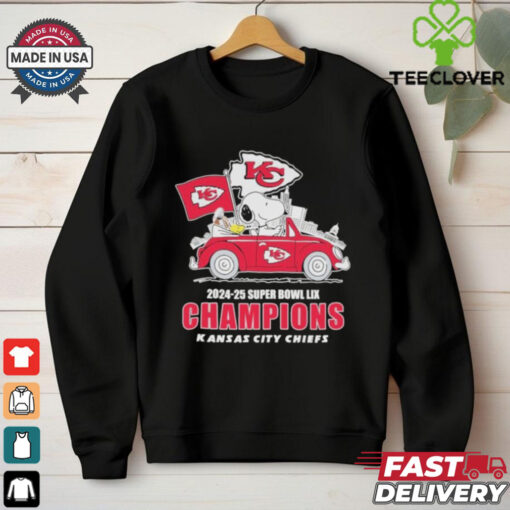 Snoopy And Woodstock Driving Car Kansas City Chiefs 2024 2025 Super Bowl LIX Champions T shirts