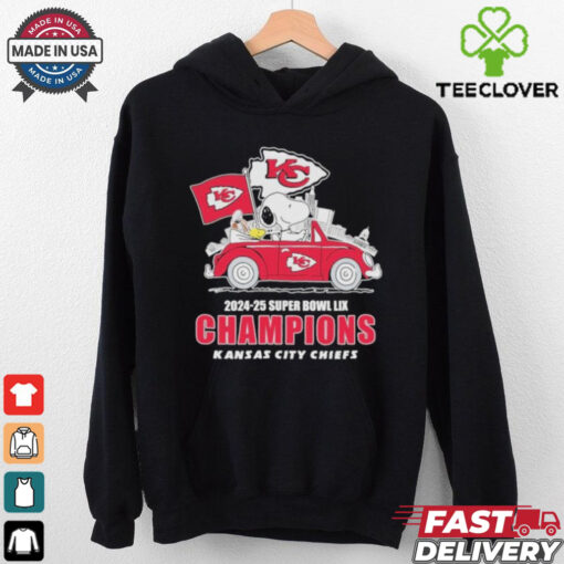 Snoopy And Woodstock Driving Car Kansas City Chiefs 2024 2025 Super Bowl LIX Champions T shirts