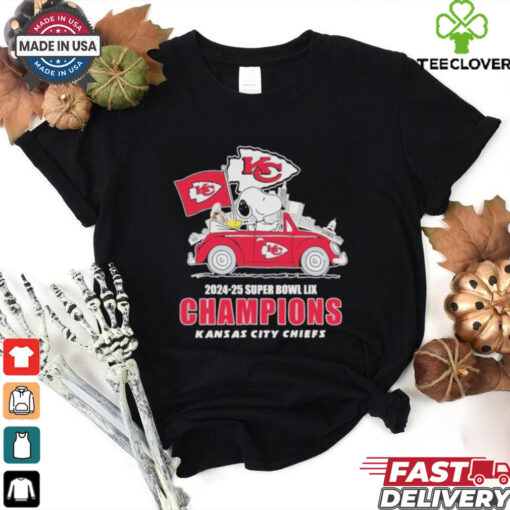 Snoopy And Woodstock Driving Car Kansas City Chiefs 2024 2025 Super Bowl LIX Champions T shirts