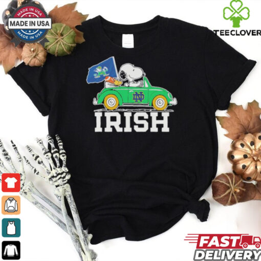 Snoopy And Woodstock Notre Dame Fighting Irish Driving Car Irish Flag Shirt