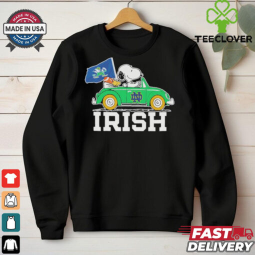 Snoopy And Woodstock Notre Dame Fighting Irish Driving Car Irish Flag Shirt