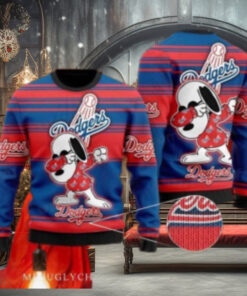 Snoopy Dabbing Dodgers Red And Blue Striped Ugly Sweater