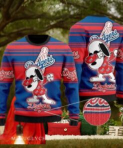Snoopy Dabbing Dodgers Red And Blue Striped Ugly Sweater