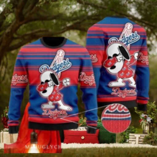 Snoopy Dabbing Dodgers Red And Blue Striped Ugly Sweater