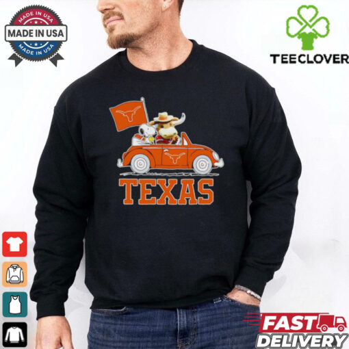 Snoopy and Bevo driving car Texas Longhorns shirt